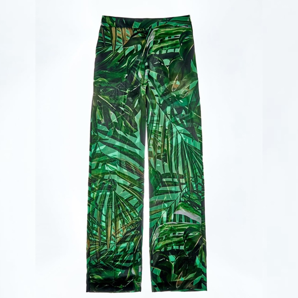 ZARA BNWT Green Satin Effect Flowy Tropical Floral Print Pants with Pockets Siz… - Picture 6 of 6